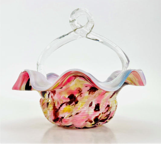 Franz Welz Boehmian Spatter Glass Basket, Pink and Yellow with Ruffled Edge and Looped Handle