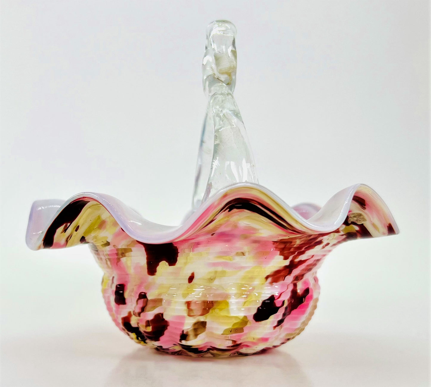 Franz Welz Boehmian Spatter Glass Basket, Pink and Yellow with Ruffled Edge and Looped Handle
