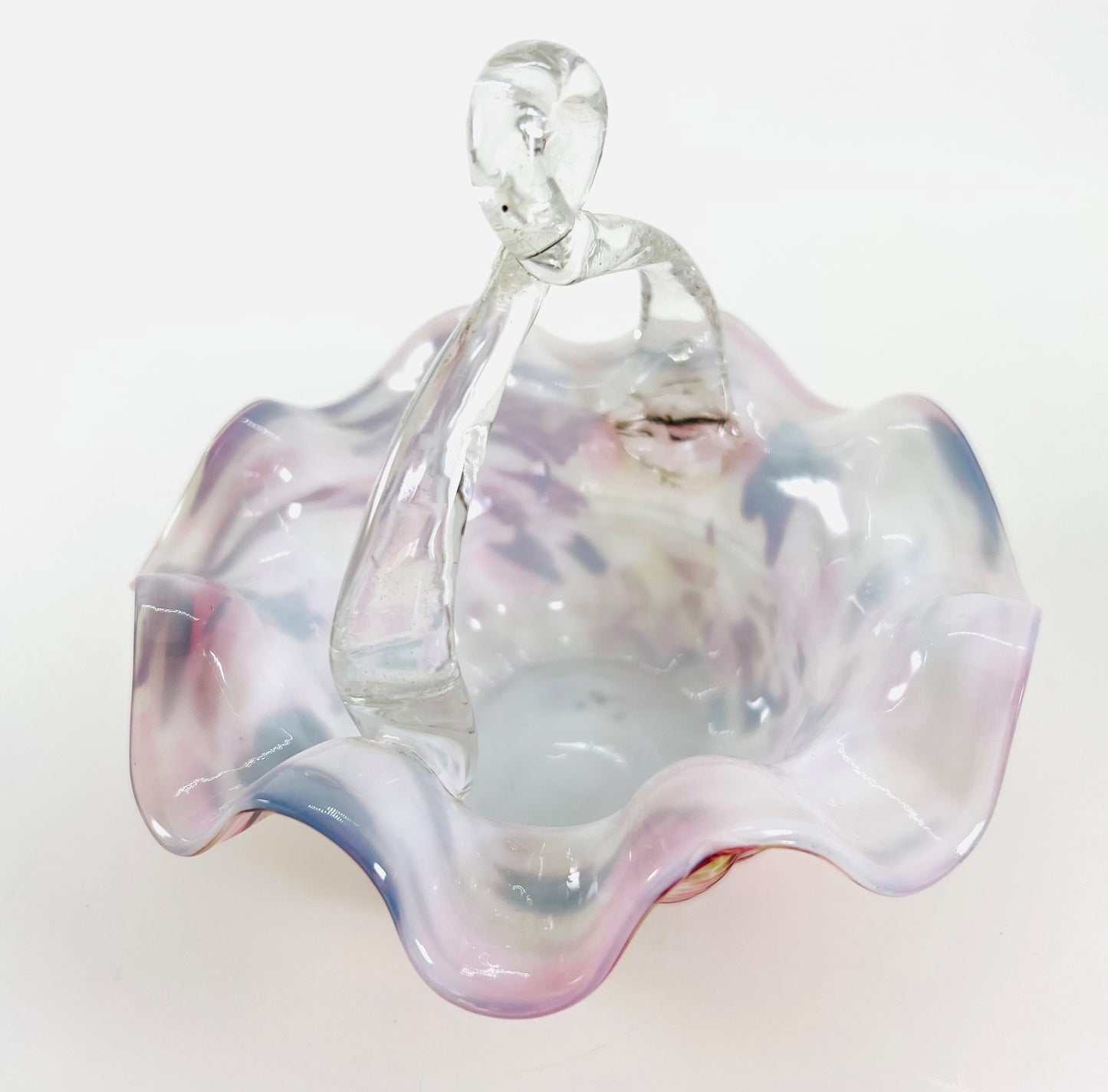 Franz Welz Boehmian Spatter Glass Basket, Pink and Yellow with Ruffled Edge and Looped Handle
