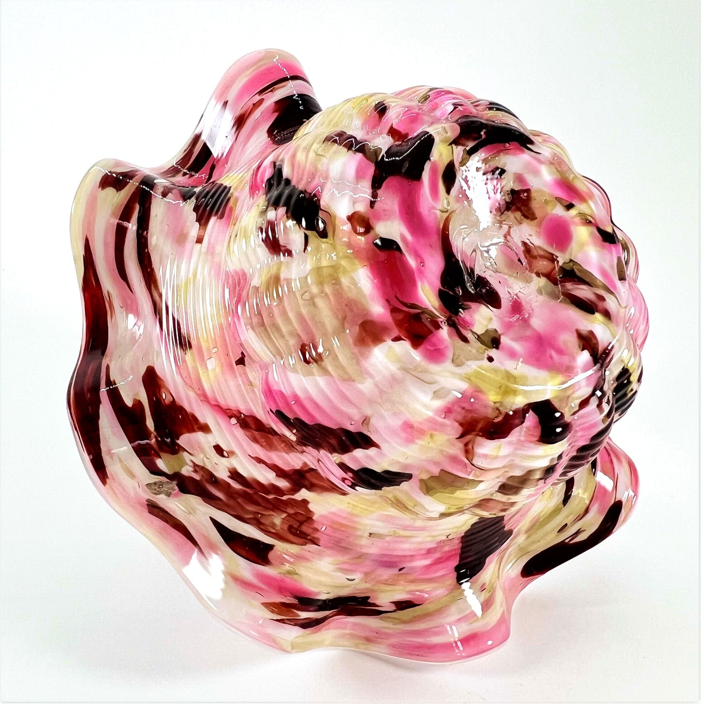 Franz Welz Boehmian Spatter Glass Basket, Pink and Yellow with Ruffled Edge and Looped Handle