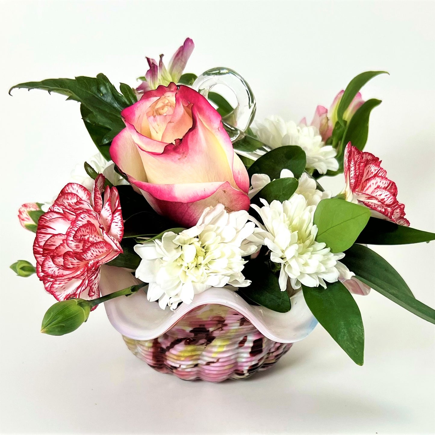Franz Welz Boehmian Spatter Glass Basket, Pink and Yellow with Ruffled Edge and Looped Handle