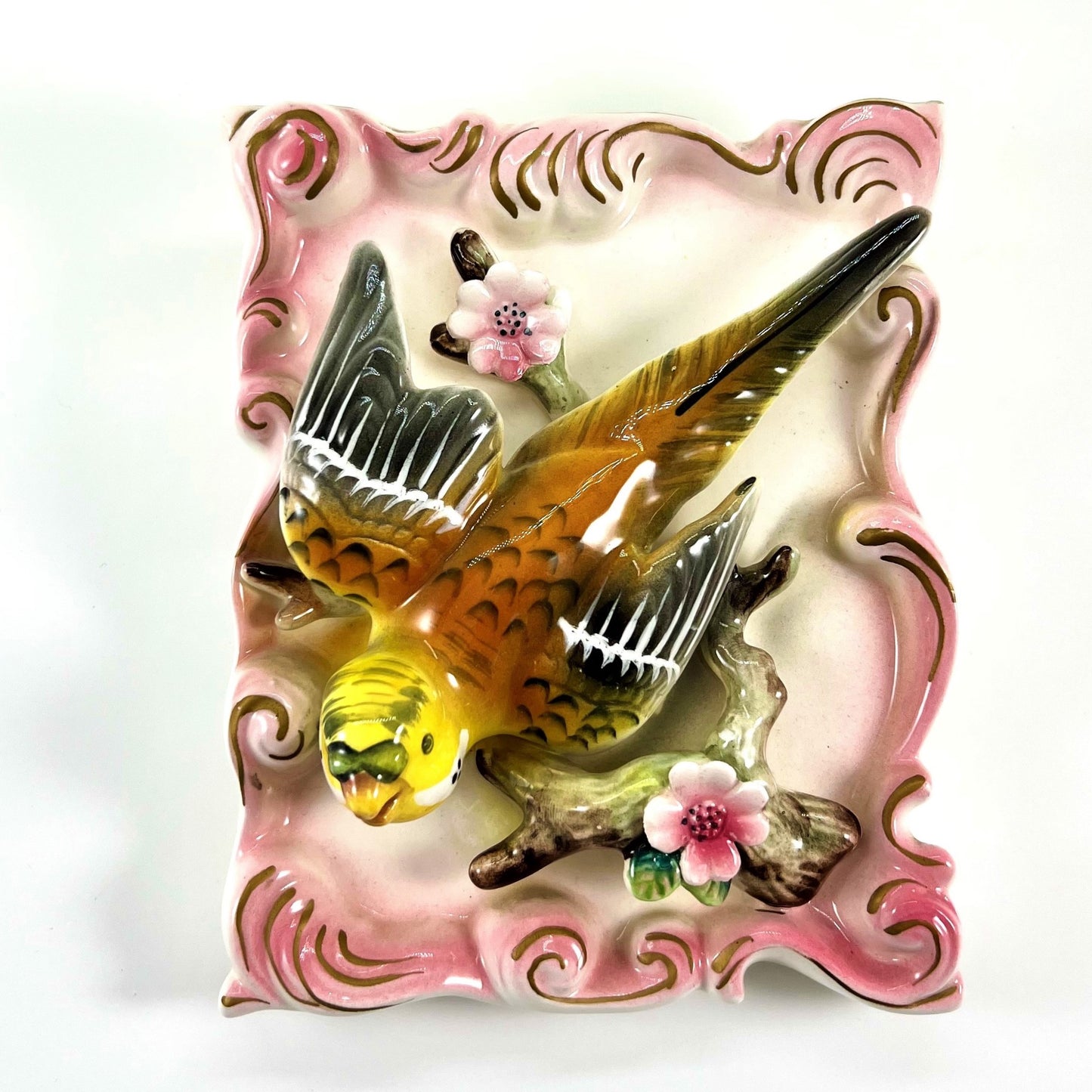 Bird and Blossoms Mid-century Ceramic Wall Pocket Vase