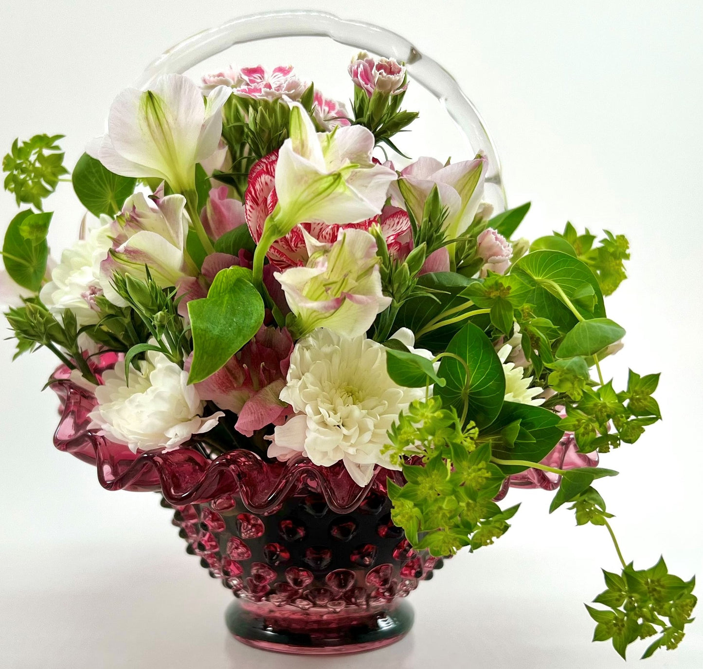 Hobnail Glass Basket, Pink with Clear Bamboo Handle and Crimped Ruffled Edge