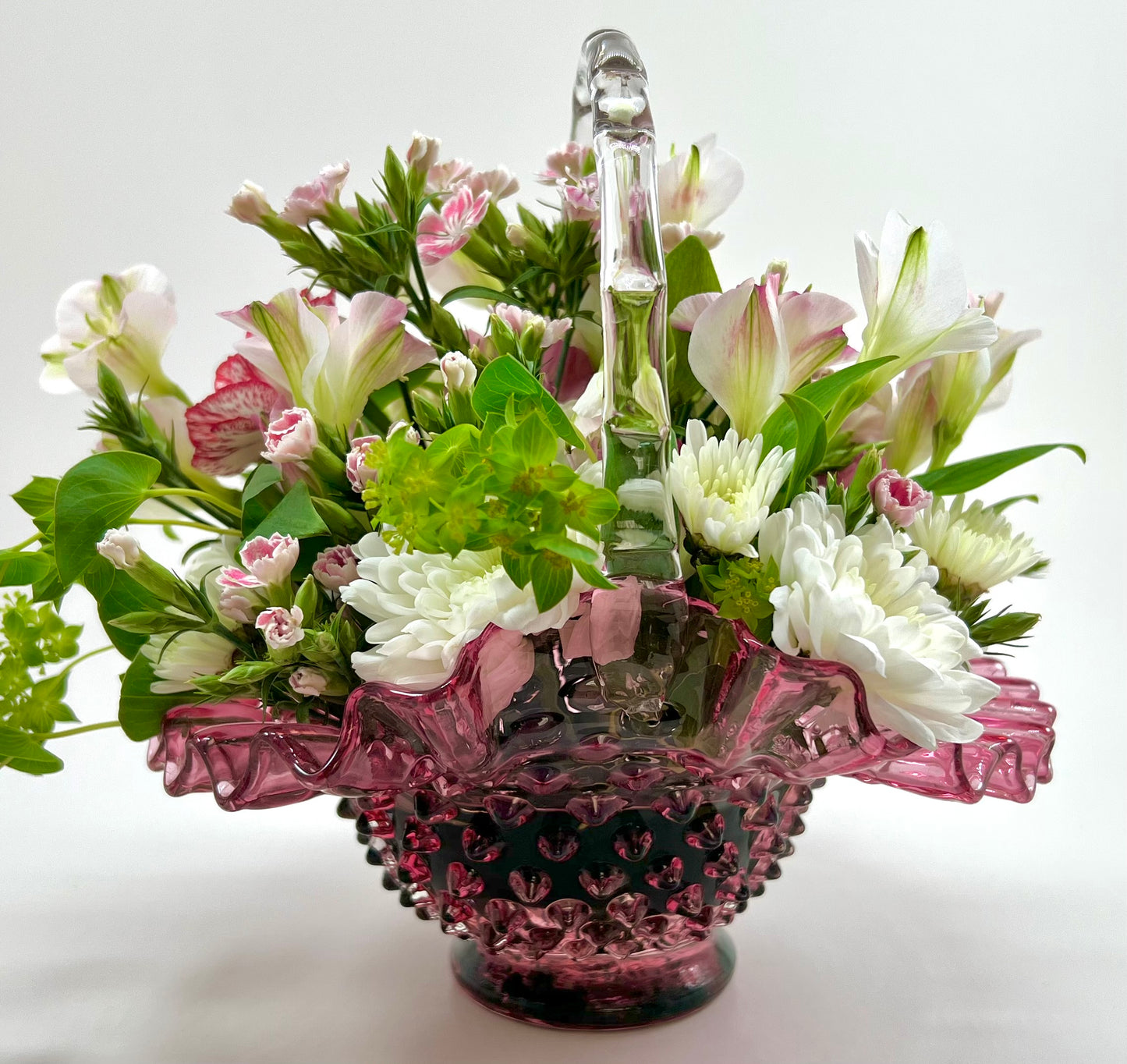Hobnail Glass Basket, Pink with Clear Bamboo Handle and Crimped Ruffled Edge