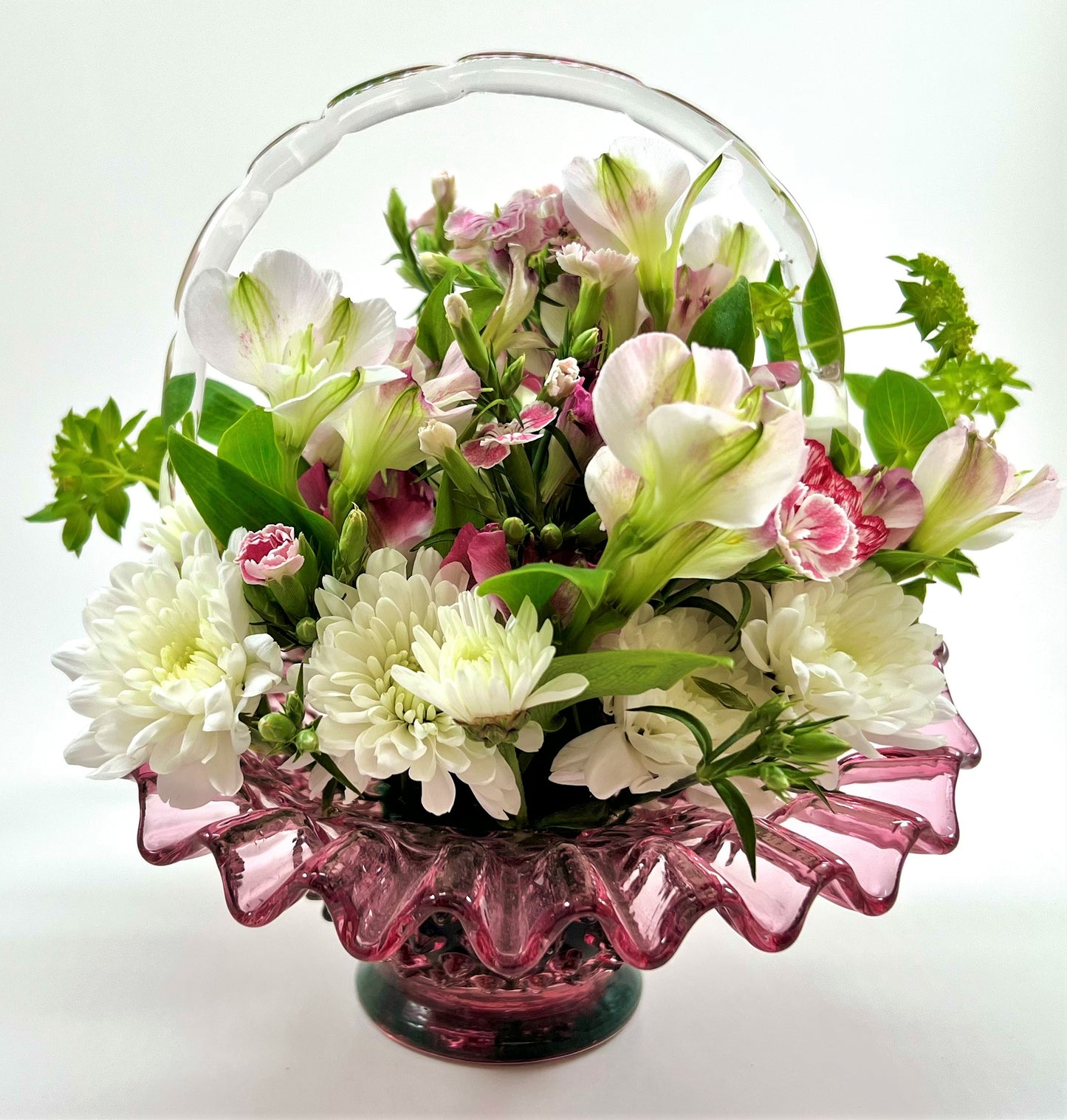 Hobnail Glass Basket, Pink with Clear Bamboo Handle and Crimped Ruffled Edge