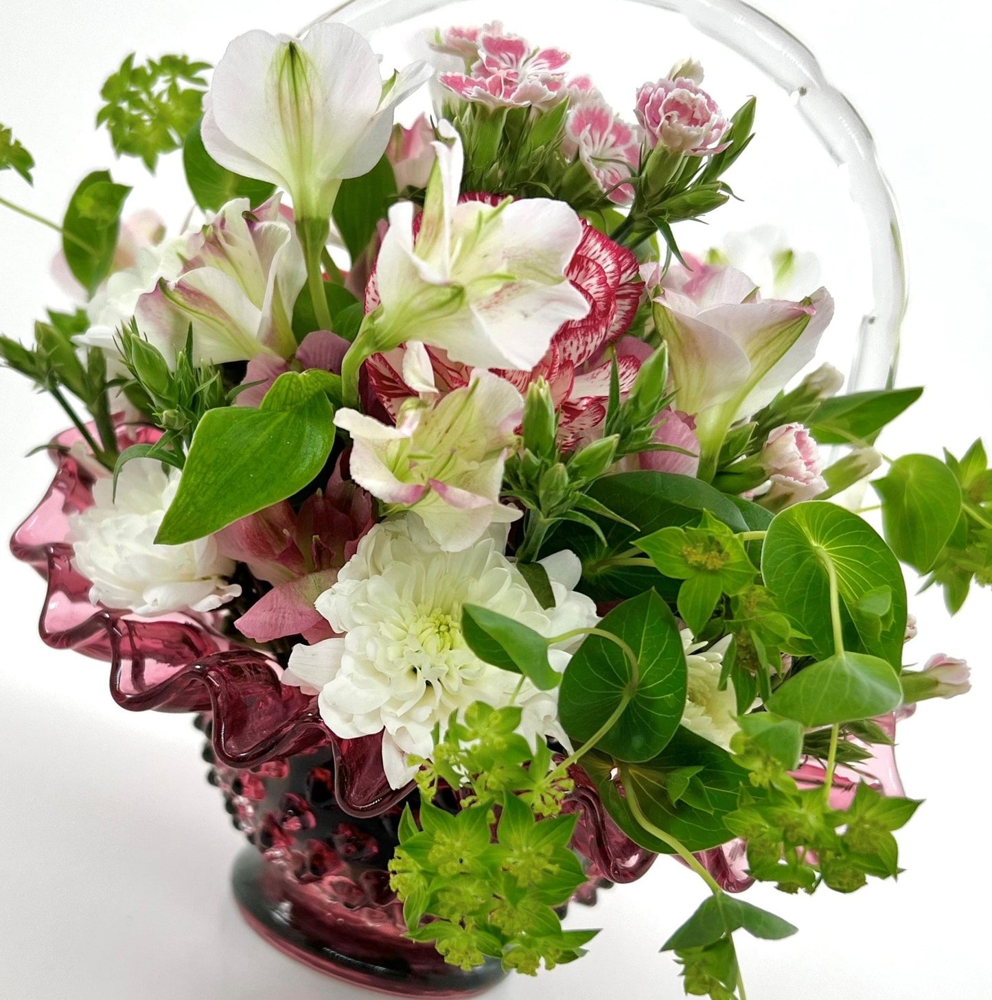 Hobnail Glass Basket, Pink with Clear Bamboo Handle and Crimped Ruffled Edge