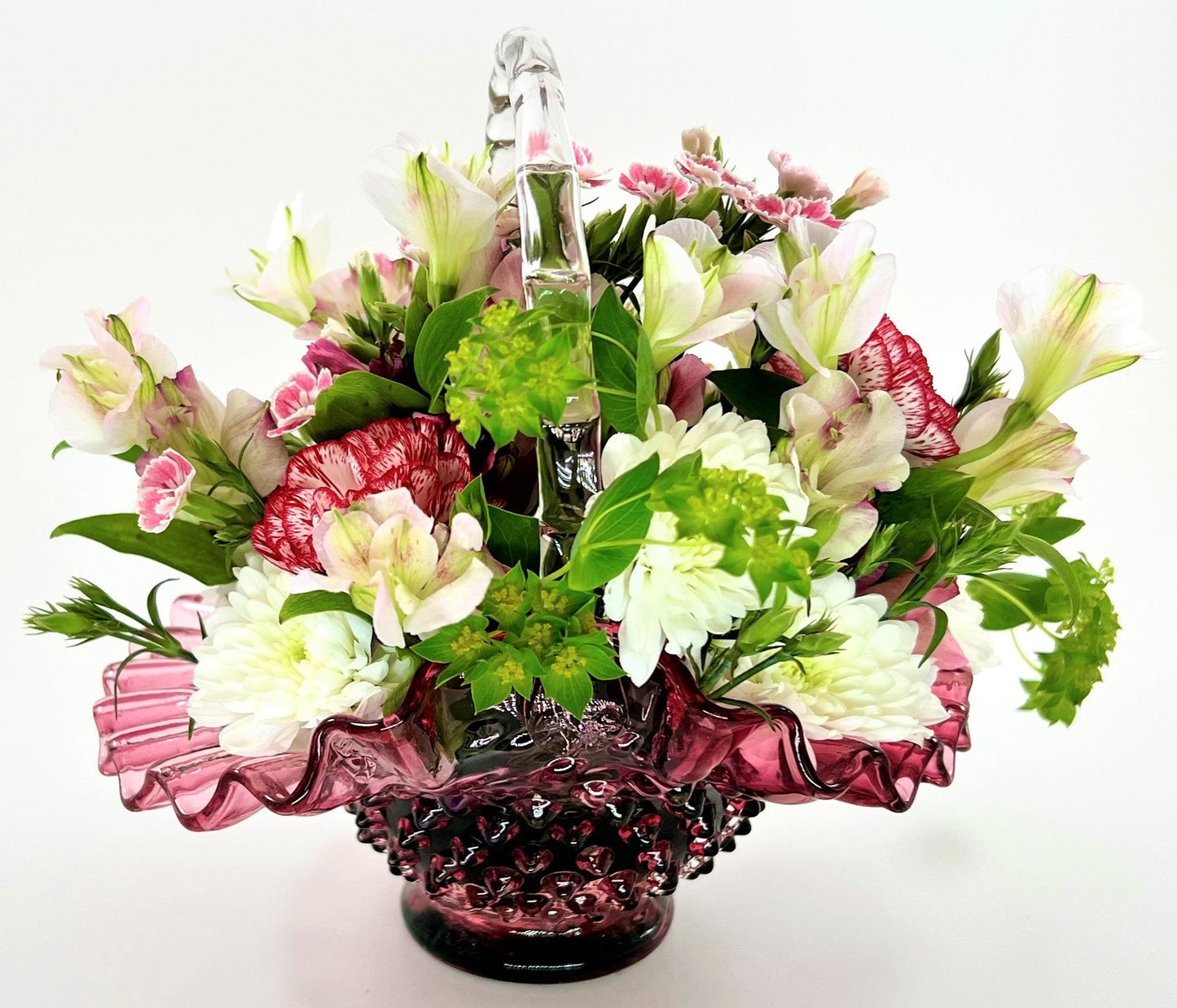 Hobnail Glass Basket, Pink with Clear Bamboo Handle and Crimped Ruffled Edge