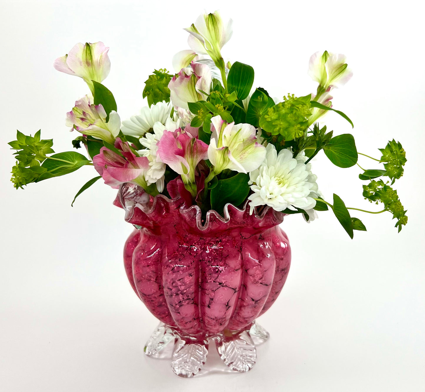 Pink Vasa Murrhina Glass Basket Vase with Leaf Feet Base, c. 1880