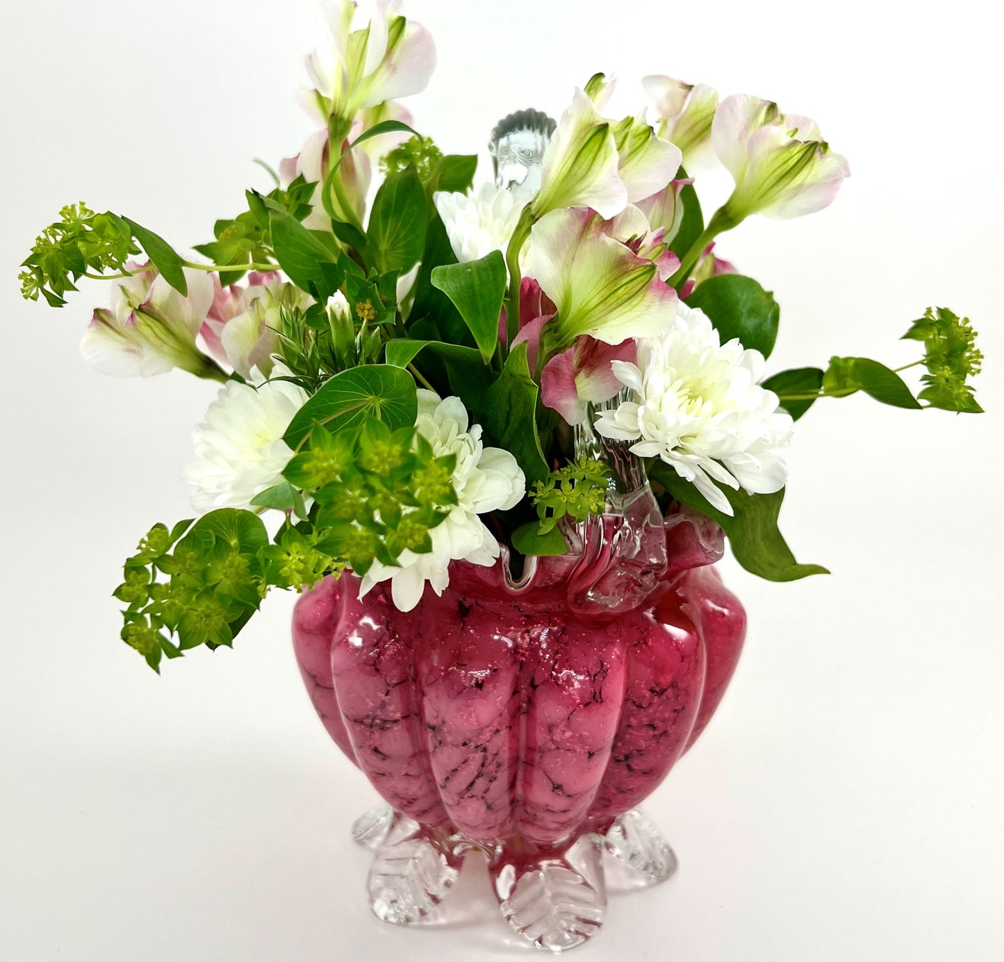 Pink Vasa Murrhina Glass Basket Vase with Leaf Feet Base, c. 1880