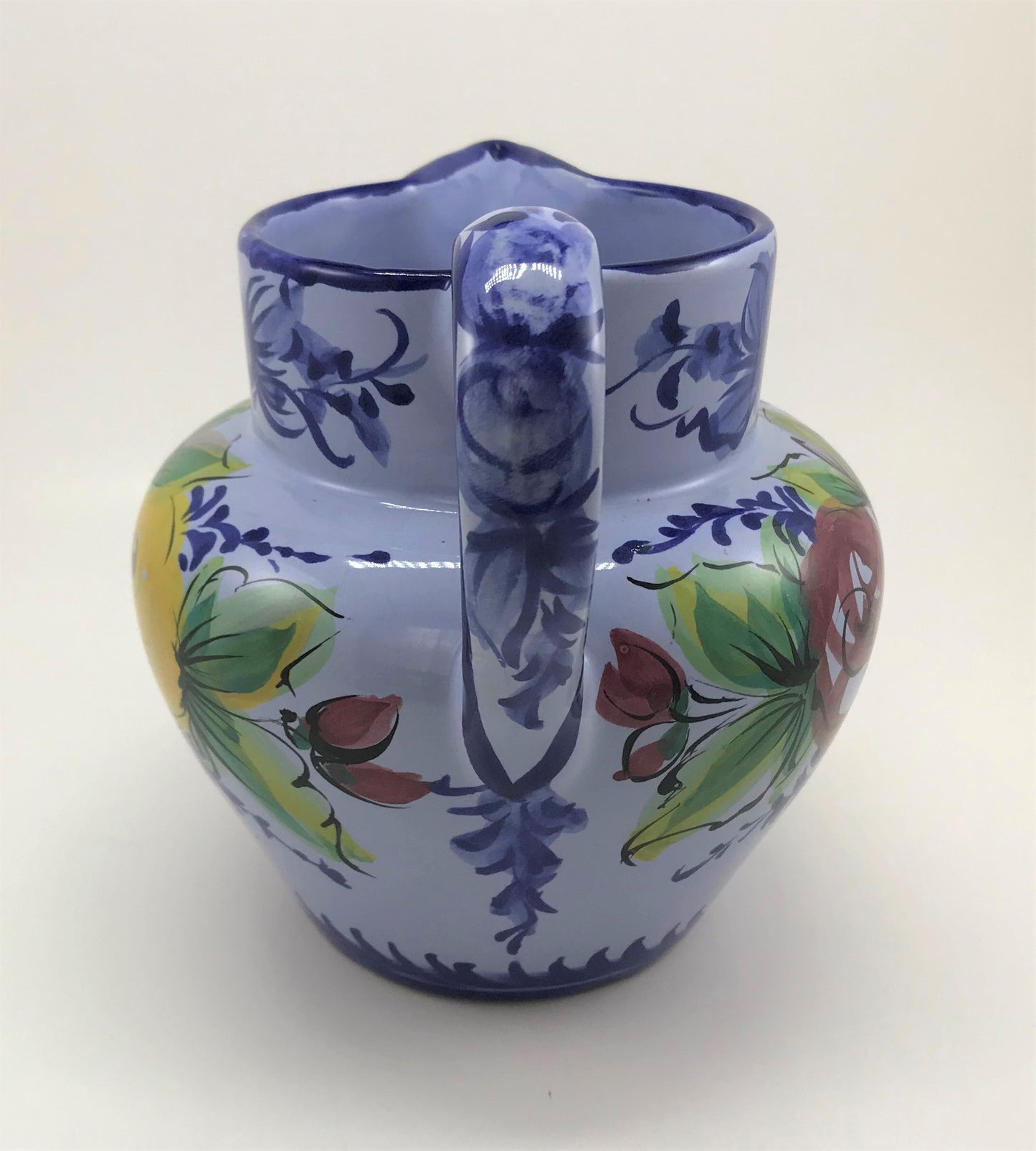 Portuguese Pottery Pitcher, Hand-painted Blue and White with Flowers