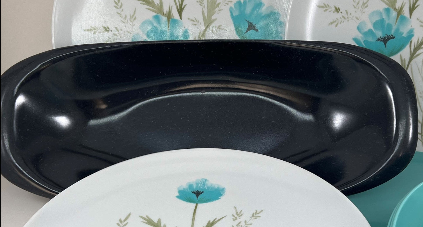 Mid-century Melamine Turquoise Poppies Dinnerware with Serving Pieces. c. 1965