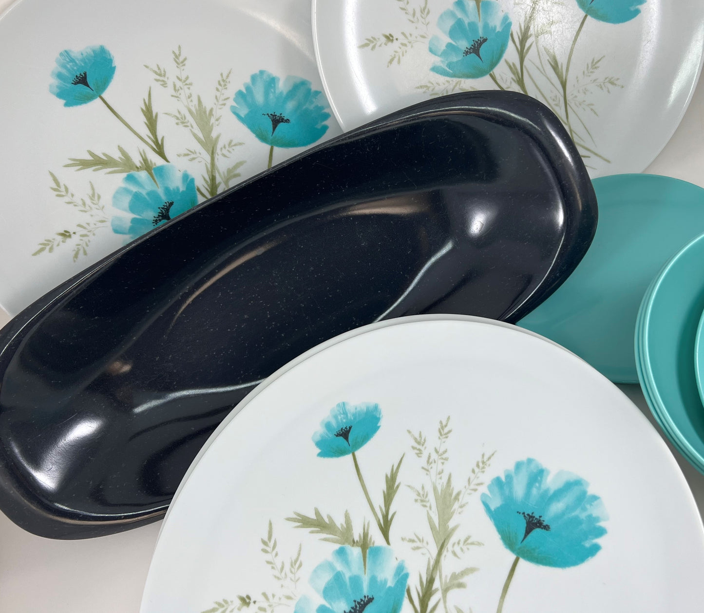 Mid-century Melamine Turquoise Poppies Dinnerware with Serving Pieces. c. 1965
