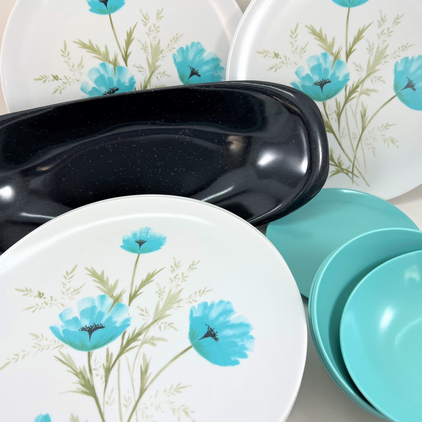 Mid-century Melamine Turquoise Poppies Dinnerware with Serving Pieces. c. 1965