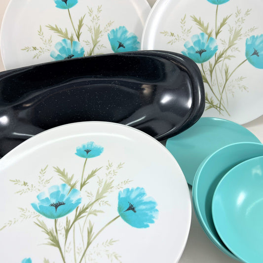 Mid-century Melamine Turquoise Poppies Dinnerware with Serving Pieces. c. 1965