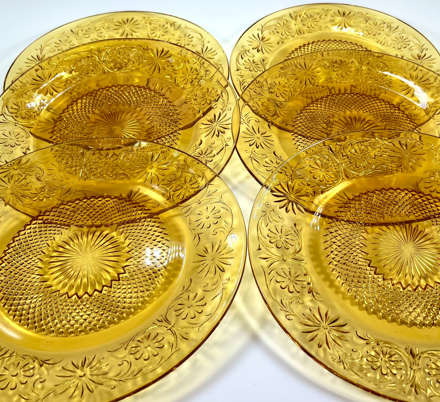 "Daisy" Pattern Depression Glass Dinner Plates, Set of 6, Indiana Glass Company, 1940