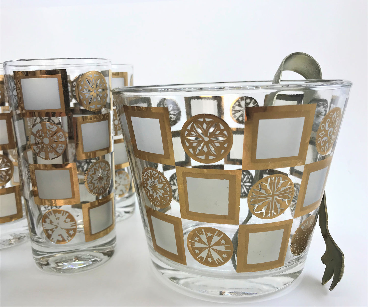 Highball Bar Set with Ice Bucket and Hammered Tongs, Mid-century