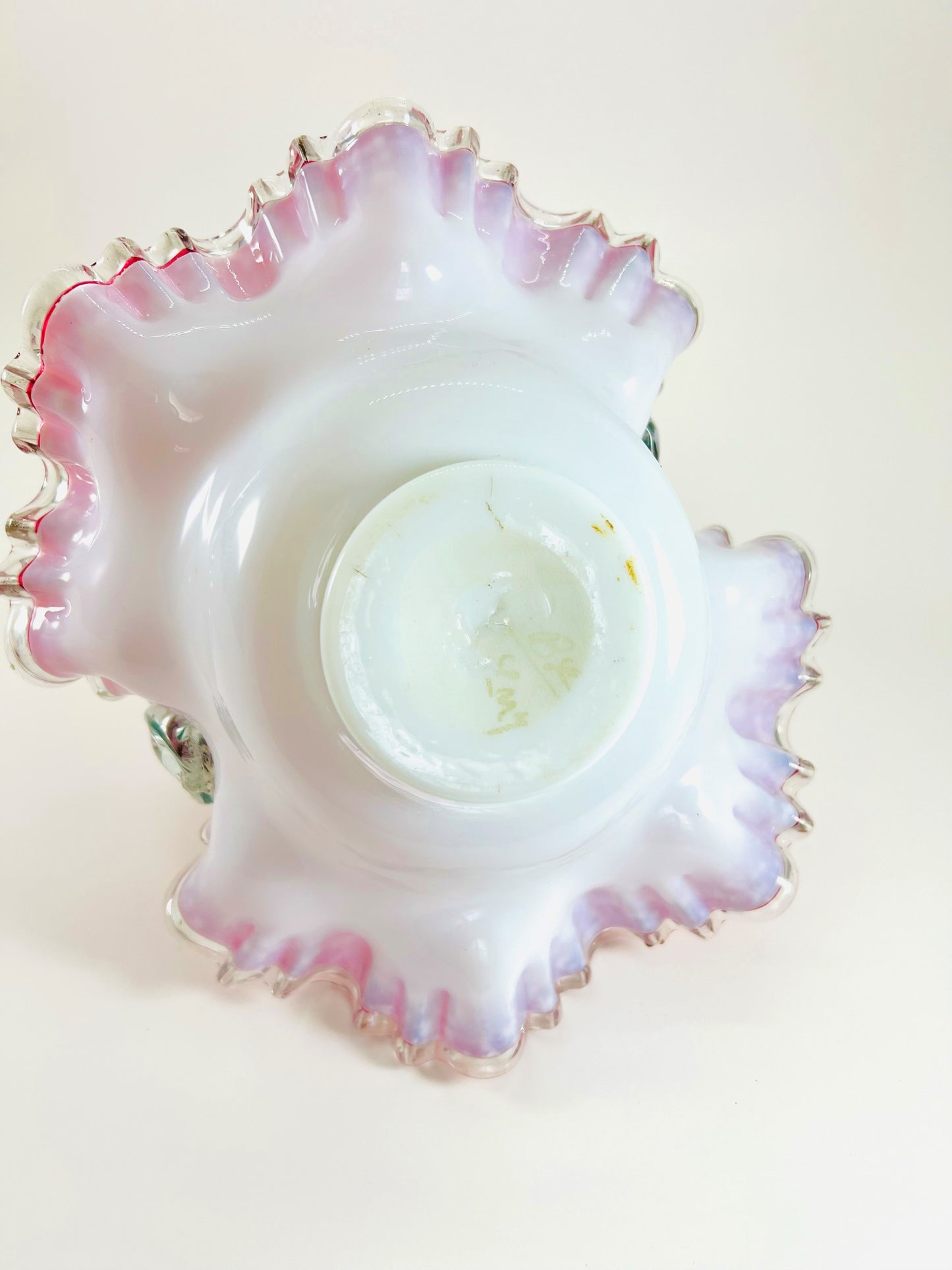 Pink Hand-blown Spangle Glass Basket, Ruffled with Twisted Handle, possibly Bohemian