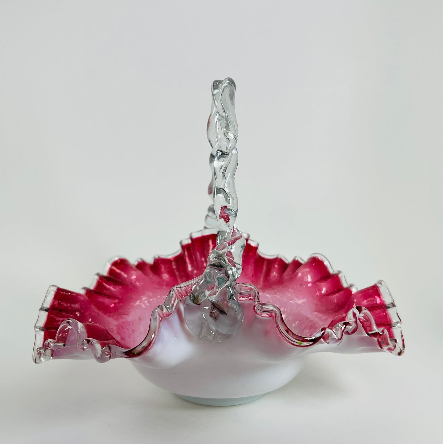 Pink Hand-blown Spangle Glass Basket, Ruffled with Twisted Handle, possibly Bohemian