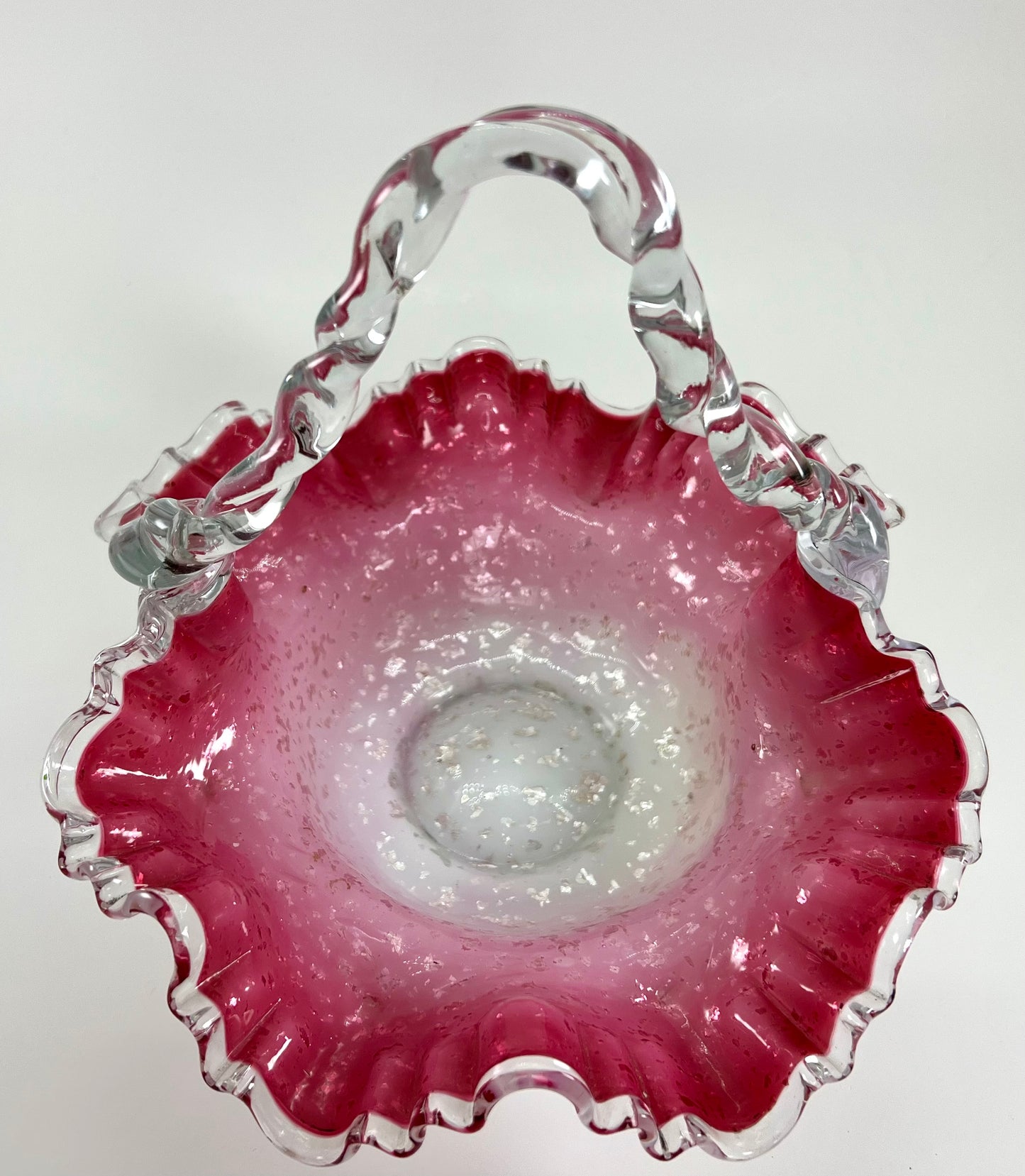 Pink Hand-blown Spangle Glass Basket, Ruffled with Twisted Handle, possibly Bohemian