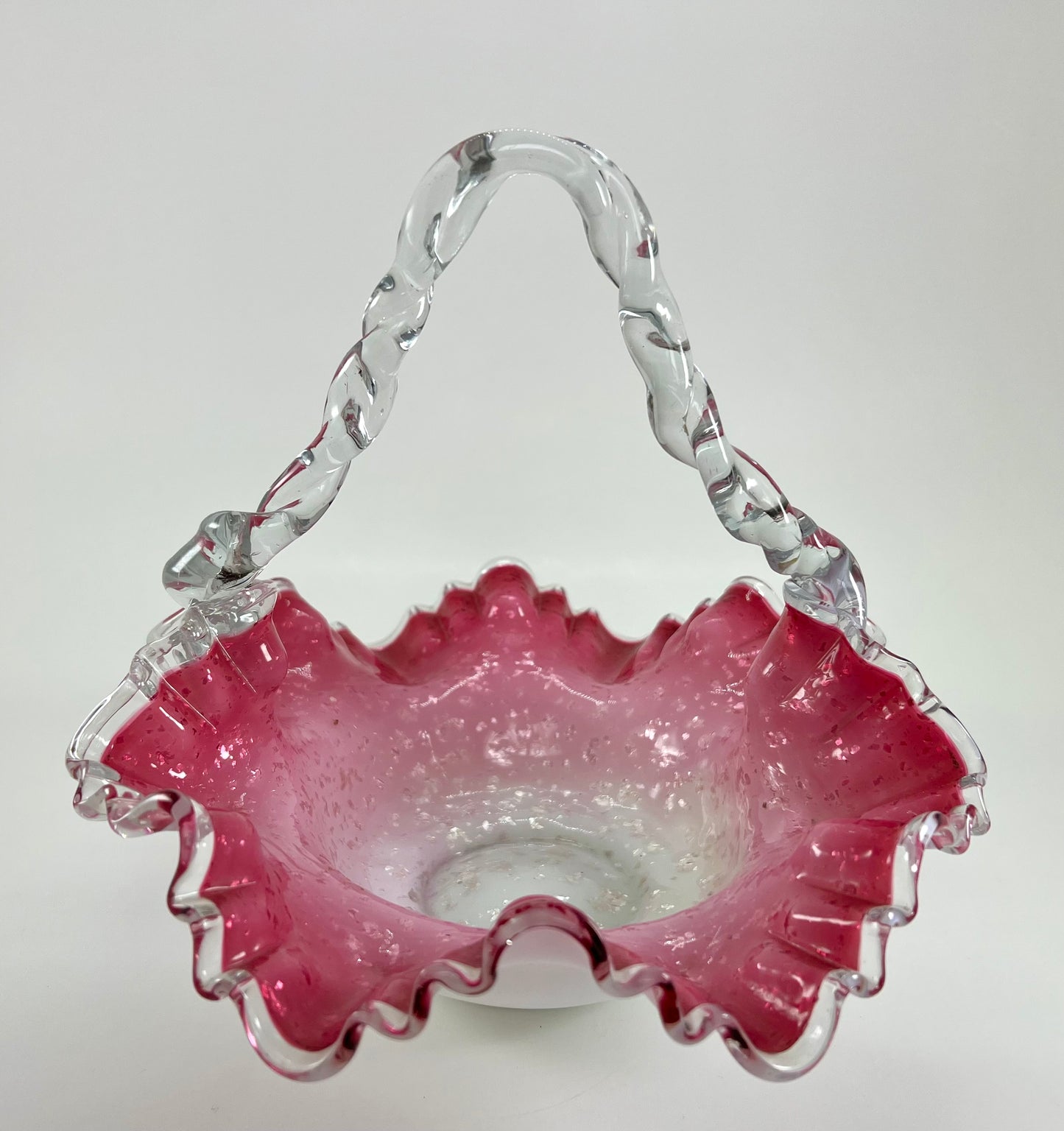 Pink Hand-blown Spangle Glass Basket, Ruffled with Twisted Handle, possibly Bohemian