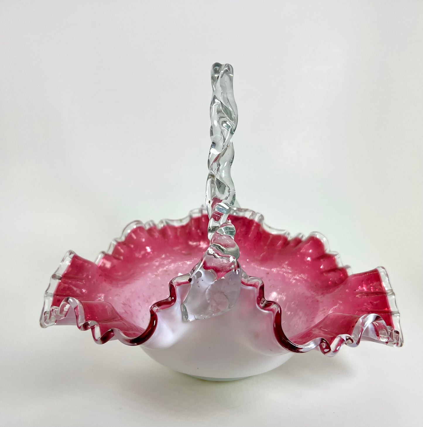 Pink Hand-blown Spangle Glass Basket, Ruffled with Twisted Handle, possibly Bohemian