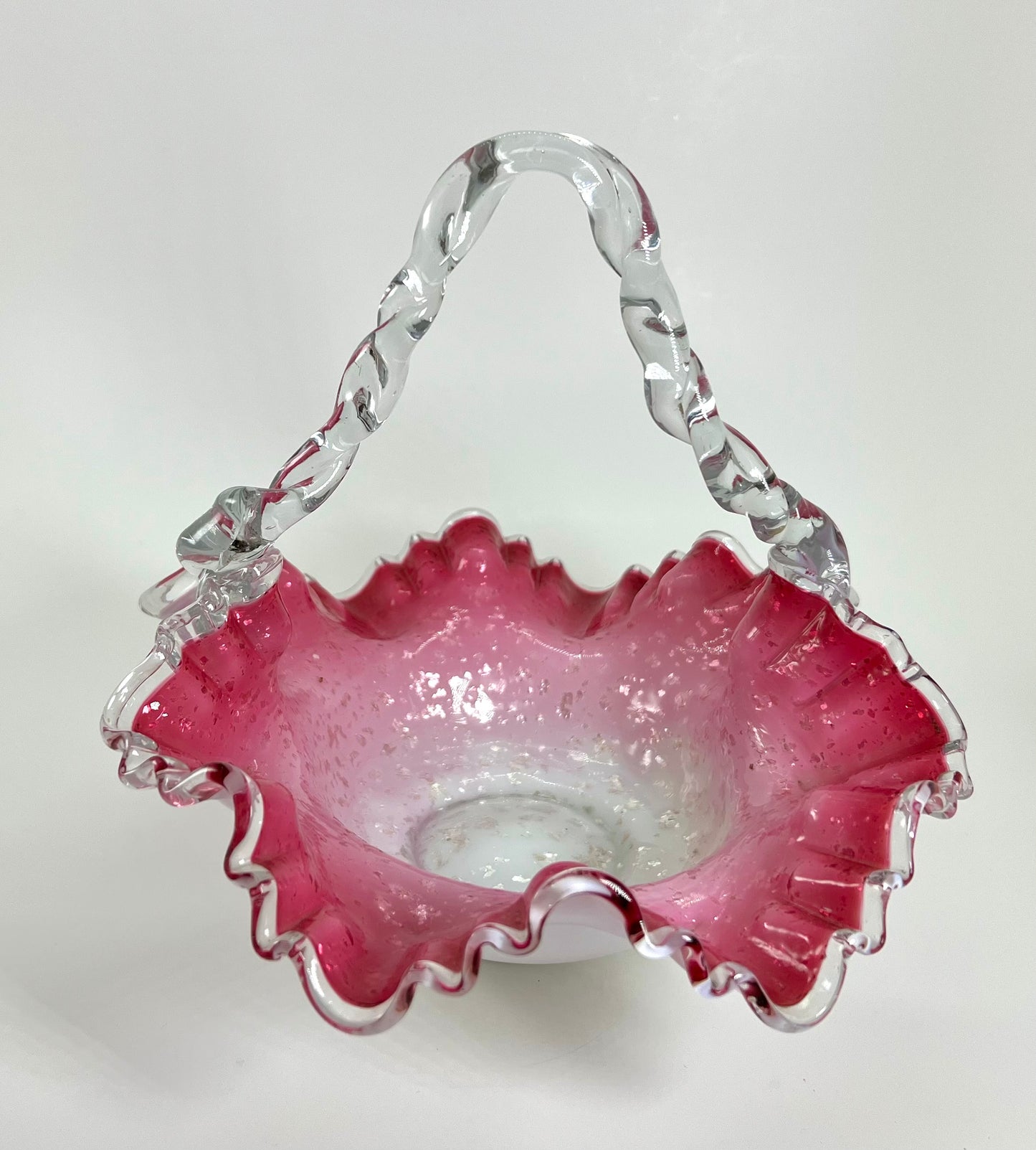Pink Hand-blown Spangle Glass Basket, Ruffled with Twisted Handle, possibly Bohemian