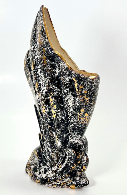 Mid-century Ceramic Vase, Black and White with Gold Accents