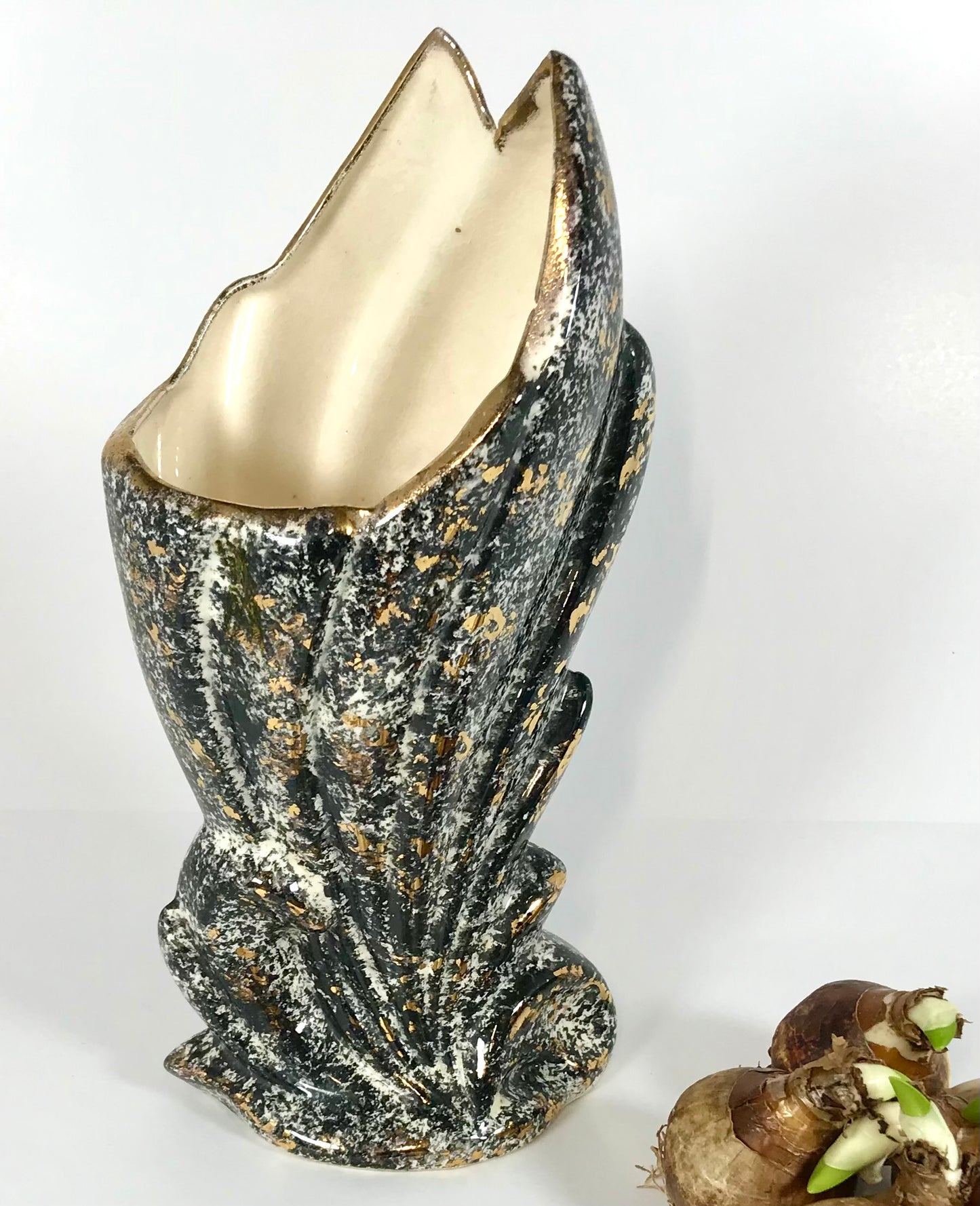 Mid-century Ceramic Vase, Black and White with Gold Accents