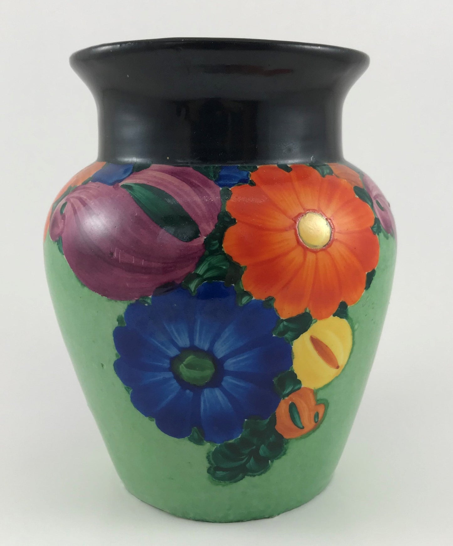 J. Mrazek Czechoslovakian Pottery Vase Floral, Peasant Art, 1920s Green
