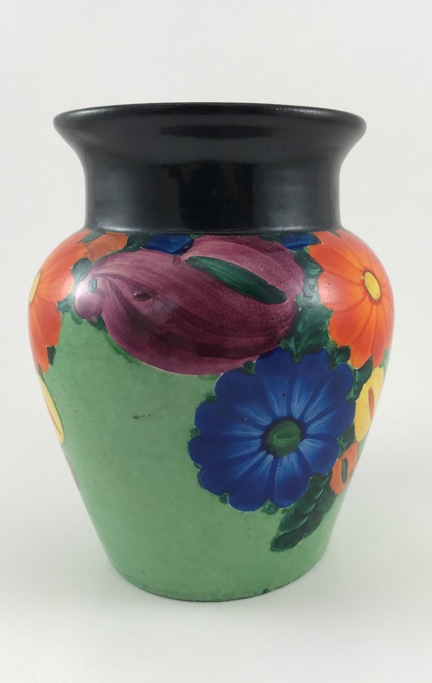 J. Mrazek Czechoslovakian Pottery Vase Floral, Peasant Art, 1920s Green
