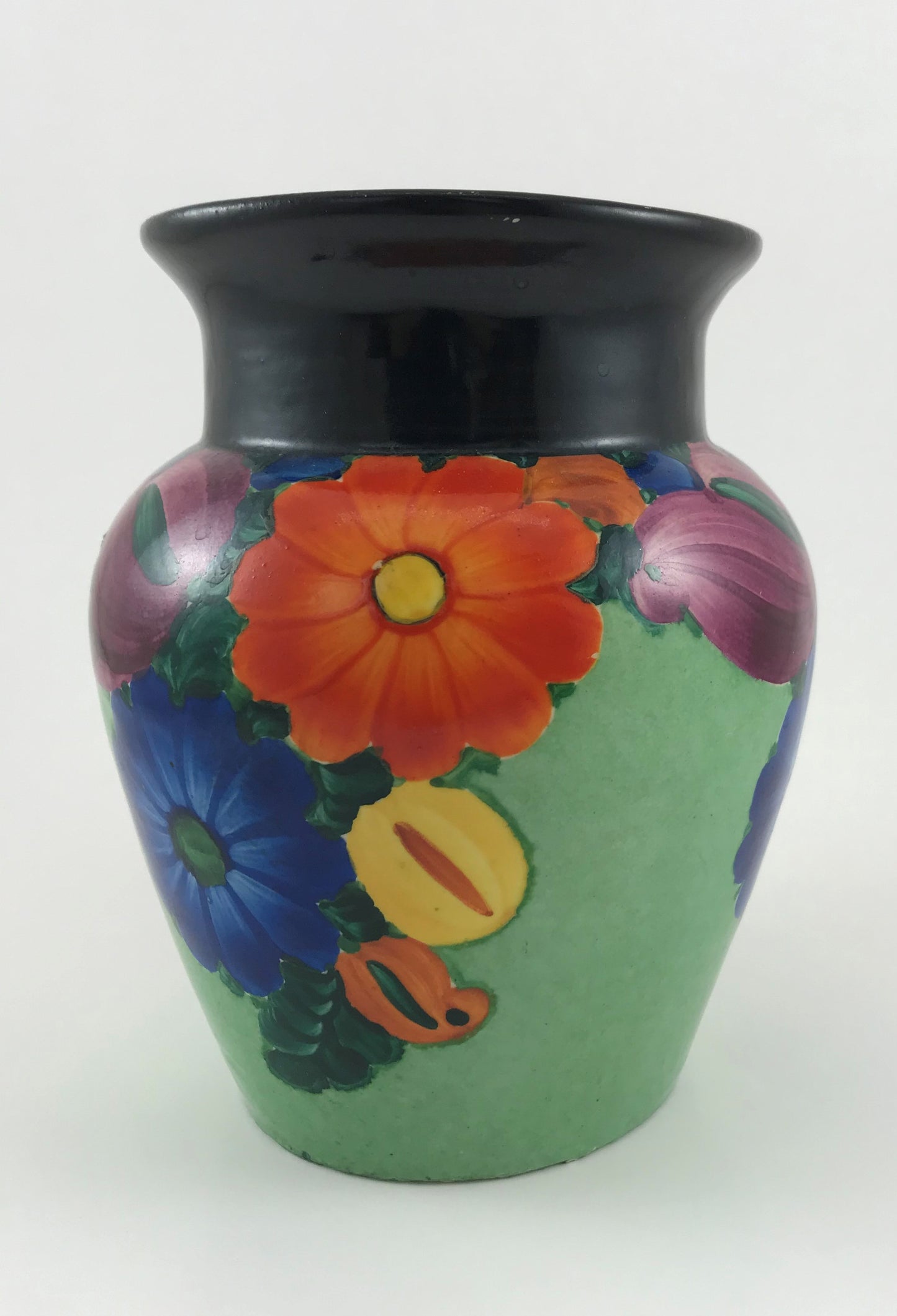 J. Mrazek Czechoslovakian Pottery Vase Floral, Peasant Art, 1920s Green