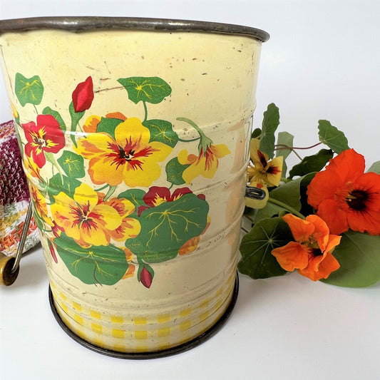 Sifter with Nasturtium Garden Pattern, 1940s Tin Lithographed
