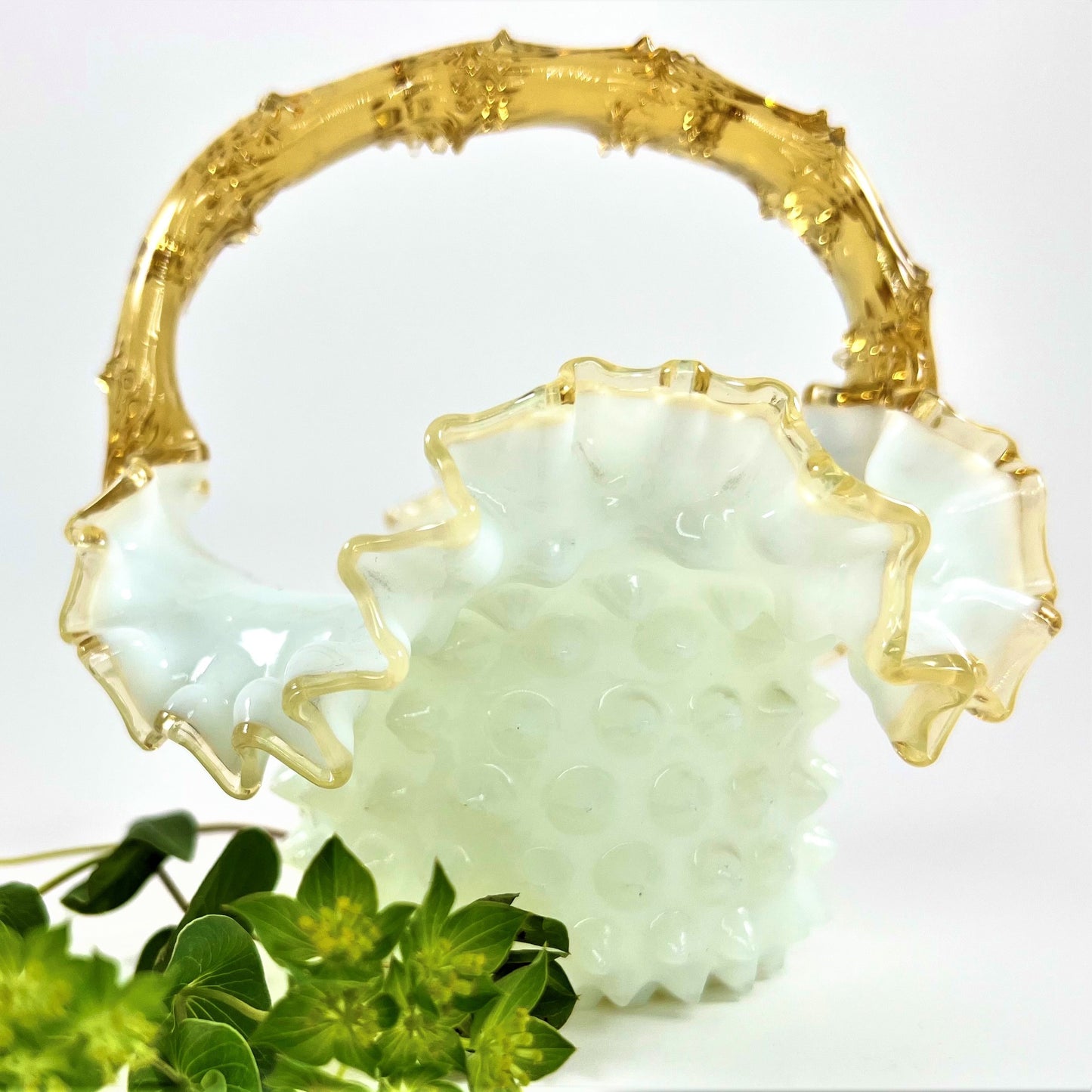 Yellow and White Hobnail Glass Basket Vase with Thorn Handle