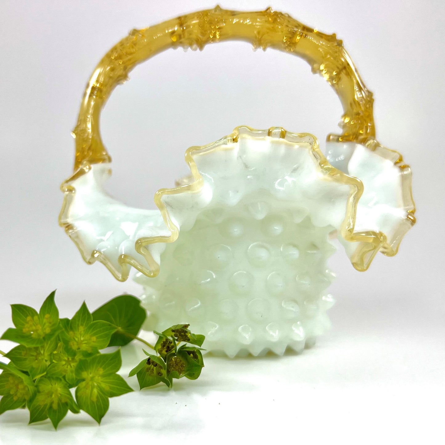 Yellow and White Hobnail Glass Basket Vase with Thorn Handle