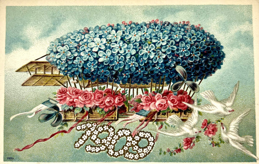 Edwardian Embossed Floral Postcard, 1909 New Year Greetings
