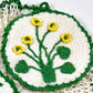 Crocheted Garden Potholder Pair, Yellow Buttercups and Grapes, Mid-century