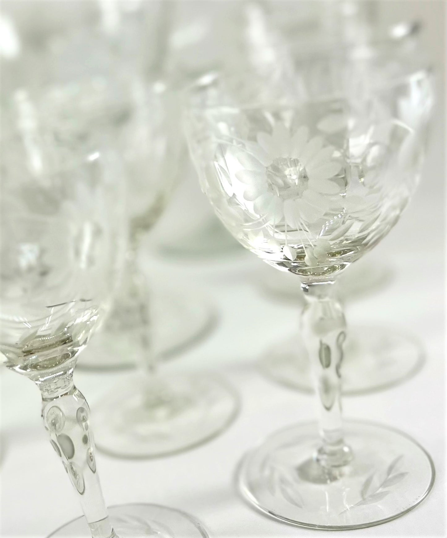 Etched Glass Cordial Glasses, Floral and Vine Pattern, Set of 6