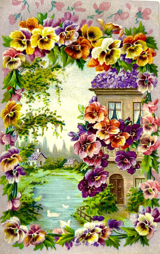 Pansy and Cottage Floral Postcard, 1908, German