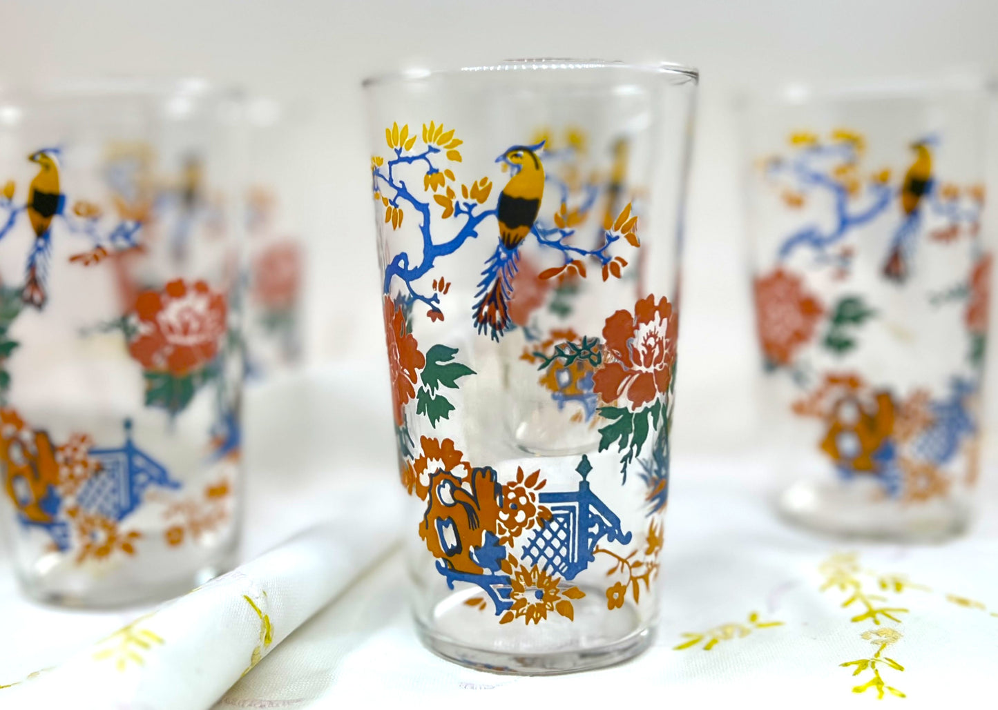 Mid-century Jewel-toned Drinking Glass Set of Six with Garden and Parrot
