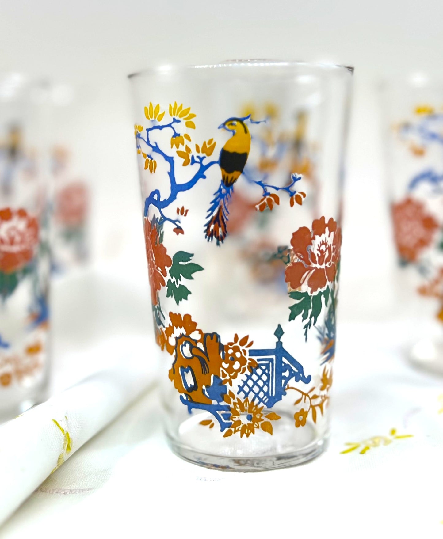 Mid-century Jewel-toned Drinking Glass Set of Six with Garden and Parrot