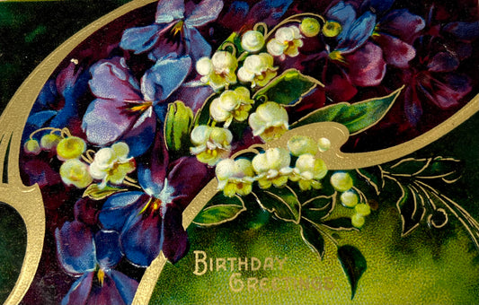 Violets and Lily of the Valley Embossed Flower Postcard, 1908 Edwardian Birthday Greetings
