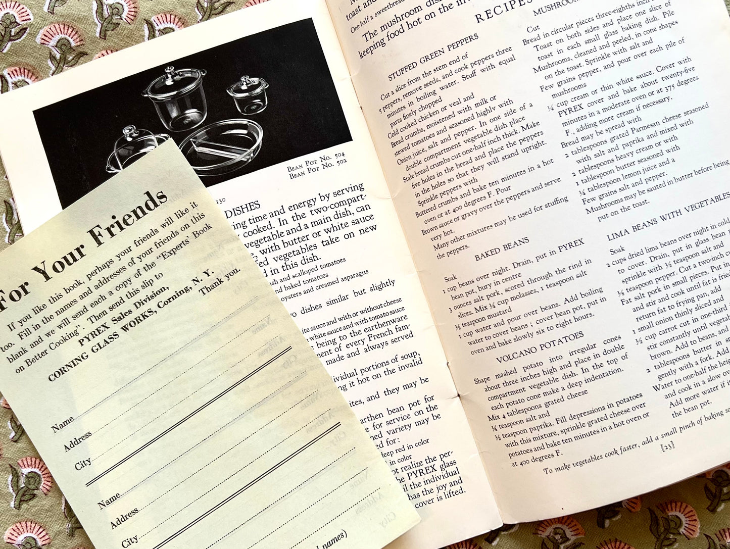 Pyrex Experts Book on Better Cooking, 1924 Recipe Booklet with Friends Promo