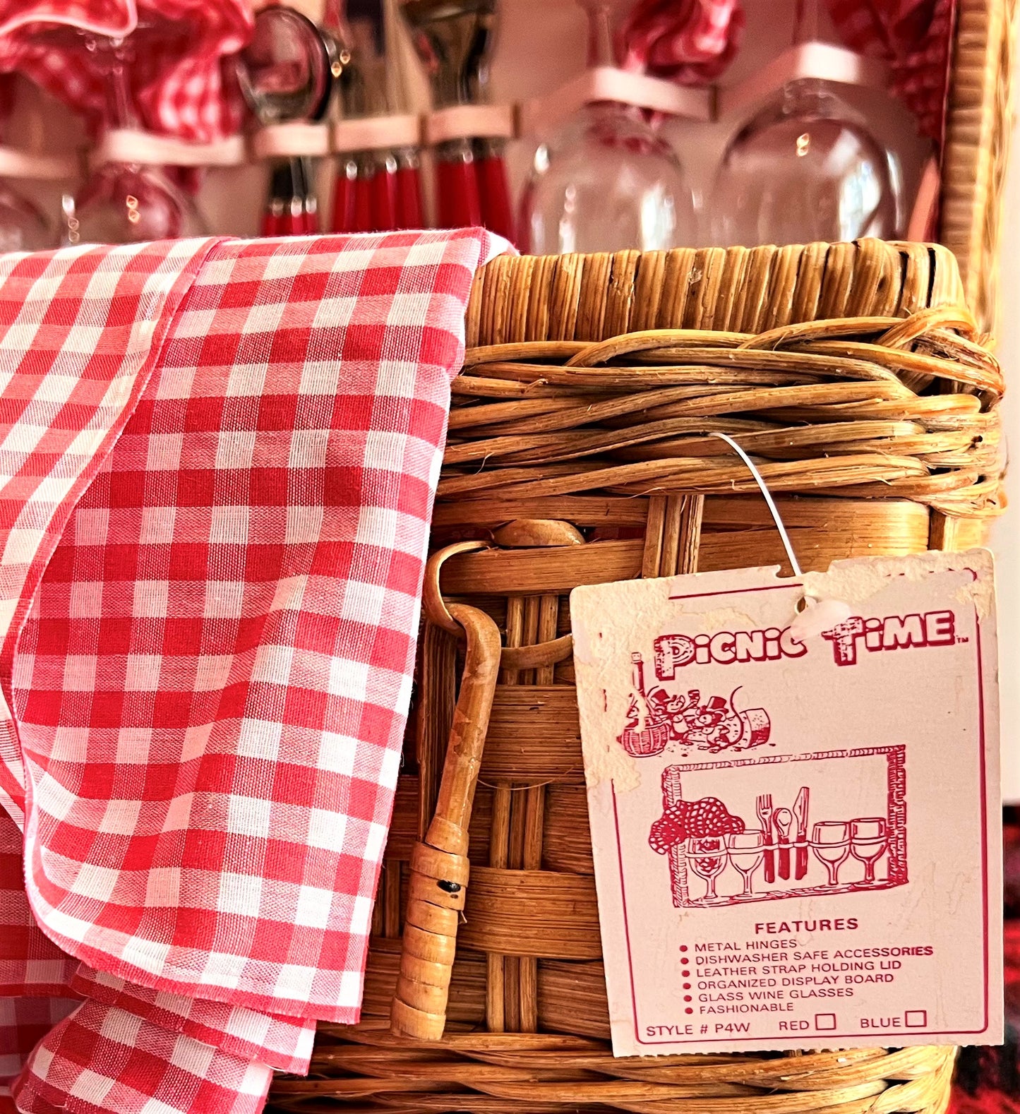 Picnic Basket Set with Red and White Gingham, 1980s by Picnic Time with Original Tag