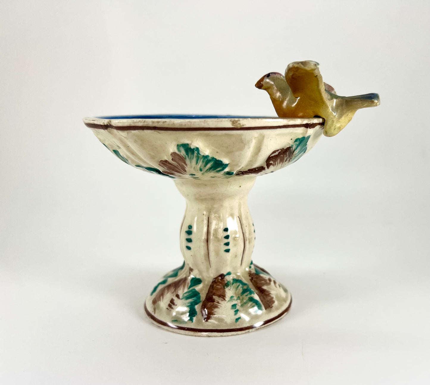 Italian Ceramic Birdbath with Bird Candle Holder Vase