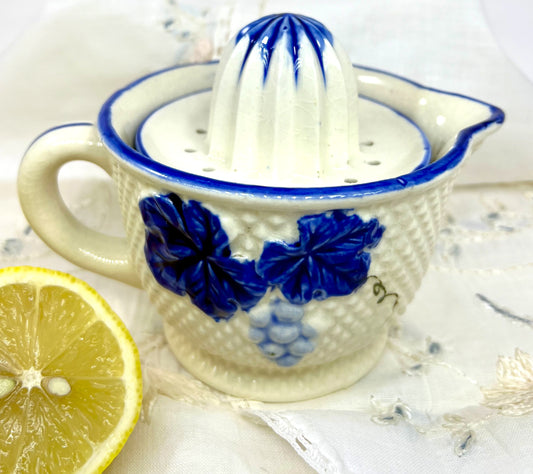 Grapevine Ceramic Reamer Juice & Pitcher, Blue and White, 1920s-1930s Japan