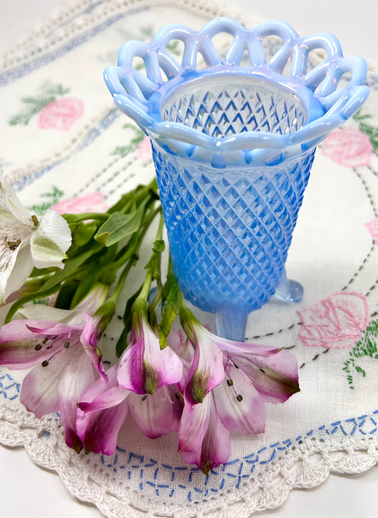 Blue Opalescent Pressed Glass Lace Rim Vase