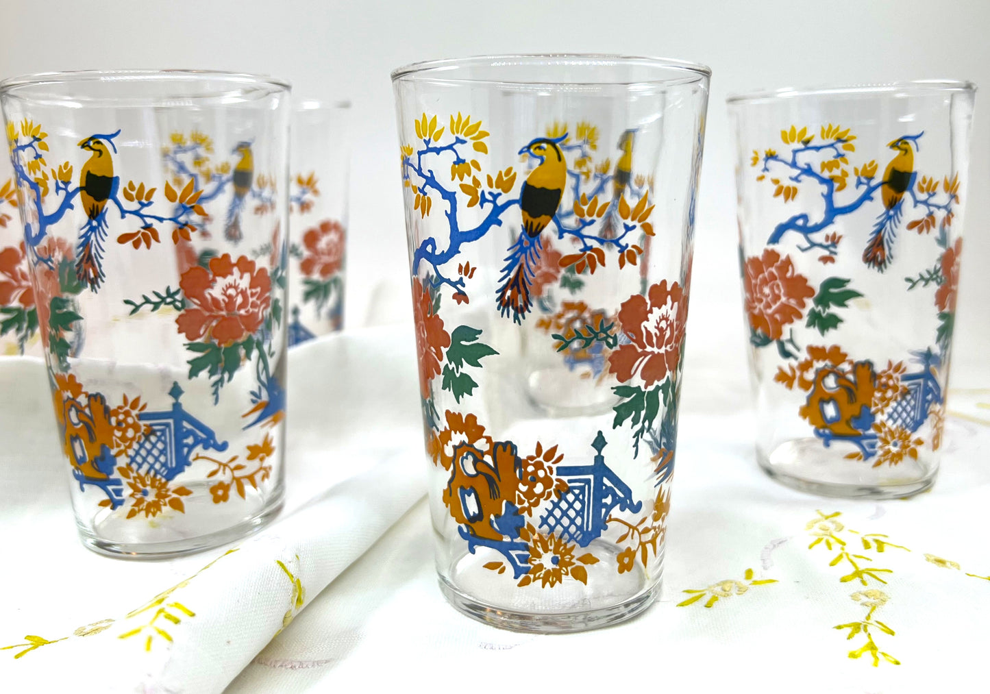 Mid-century Jewel-toned Drinking Glass Set of Six with Garden and Parrot