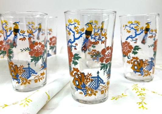 Mid-century Jewel-toned Drinking Glass Set of Six with Garden and Parrot