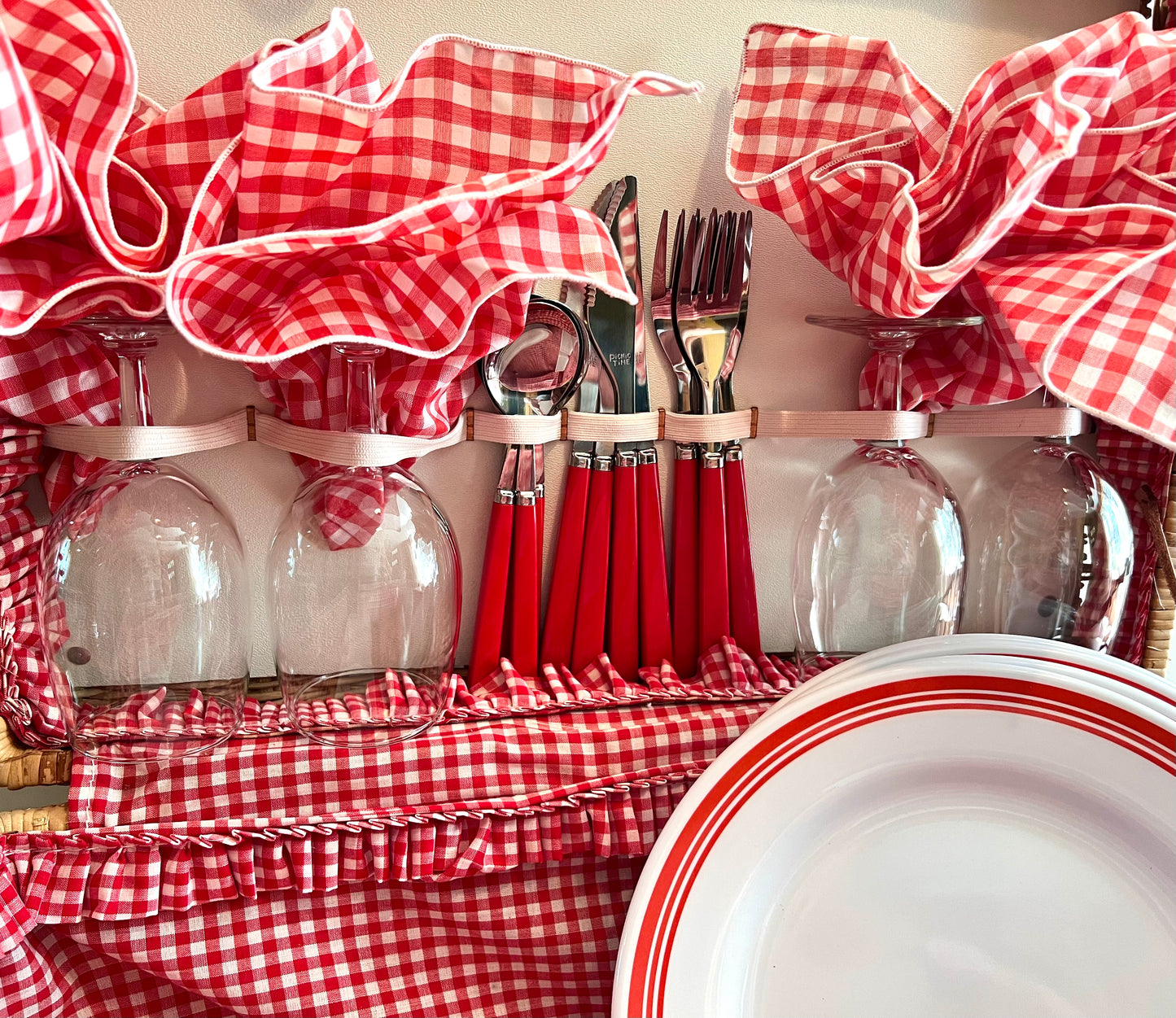 Picnic Basket Set with Red and White Gingham, 1980s by Picnic Time with Original Tag