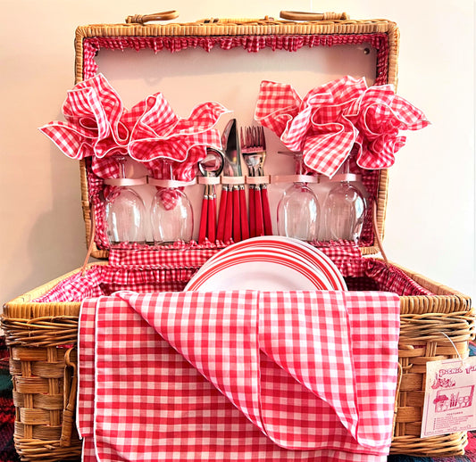 Picnic Basket Set with Red and White Gingham, 1980s by Picnic Time with Original Tag